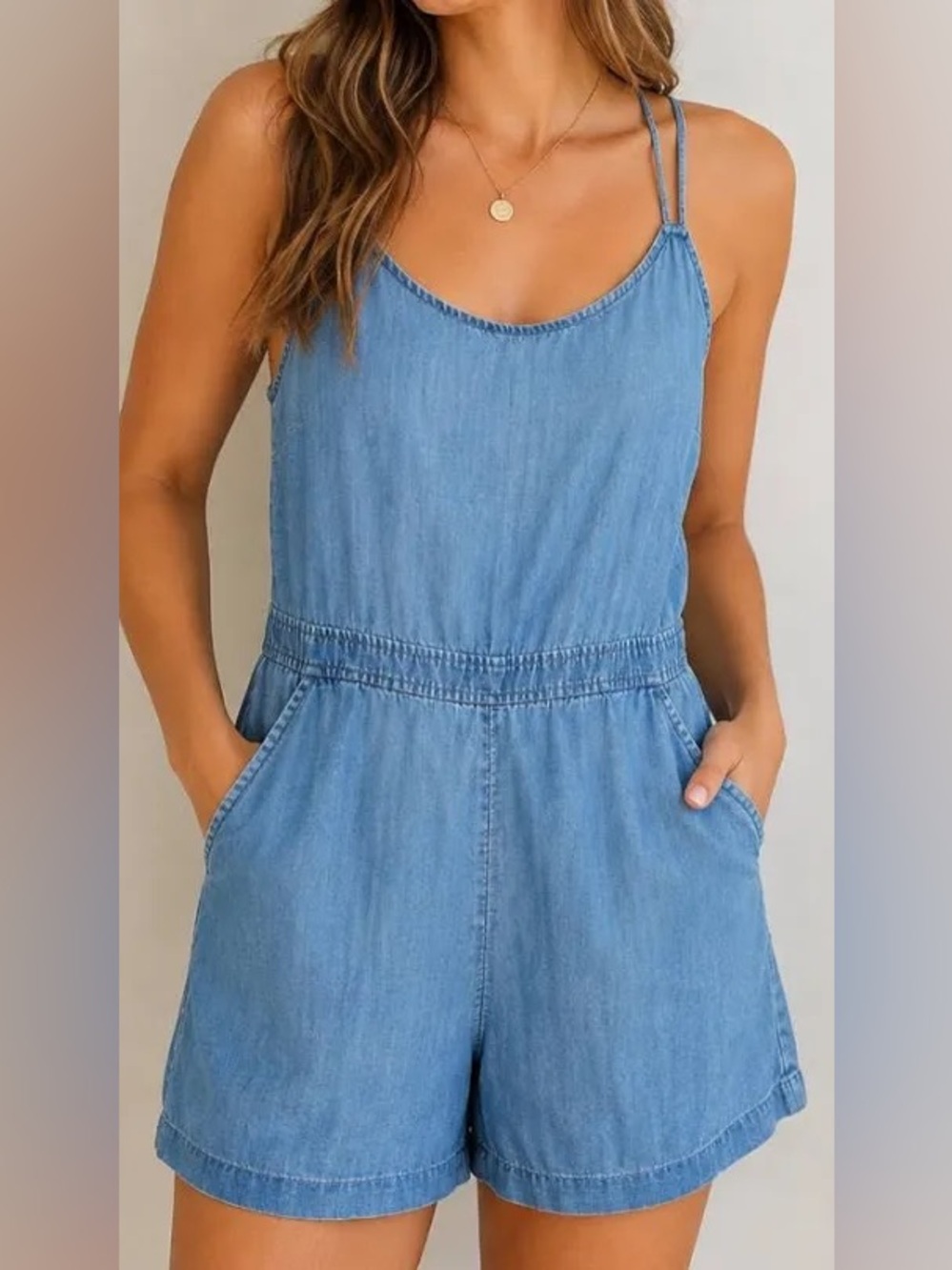 LOFT Blue Denim Chambray Romper with Pockets